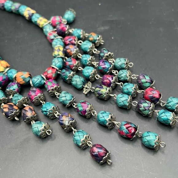 Woven Bead Statement Necklace Unique Fair Trade Fringed Bohemian Classic Boho - Picture 5 of 6